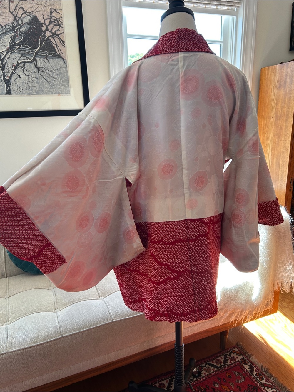 Stunning Vintage Silk Haori Kimono Jacket – Crimson & White Kanoko Shibori - Picture 12 of 14